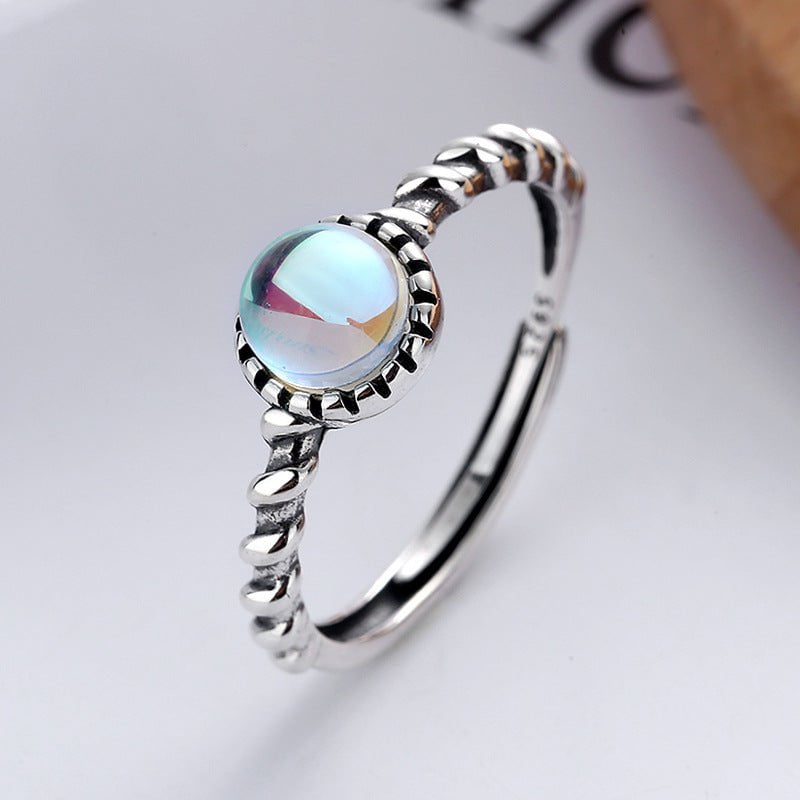 Wee Luxury Silver Rings S925 Sterling Silver Retro Design Adjustable Blue Moonstone Ladies Ring