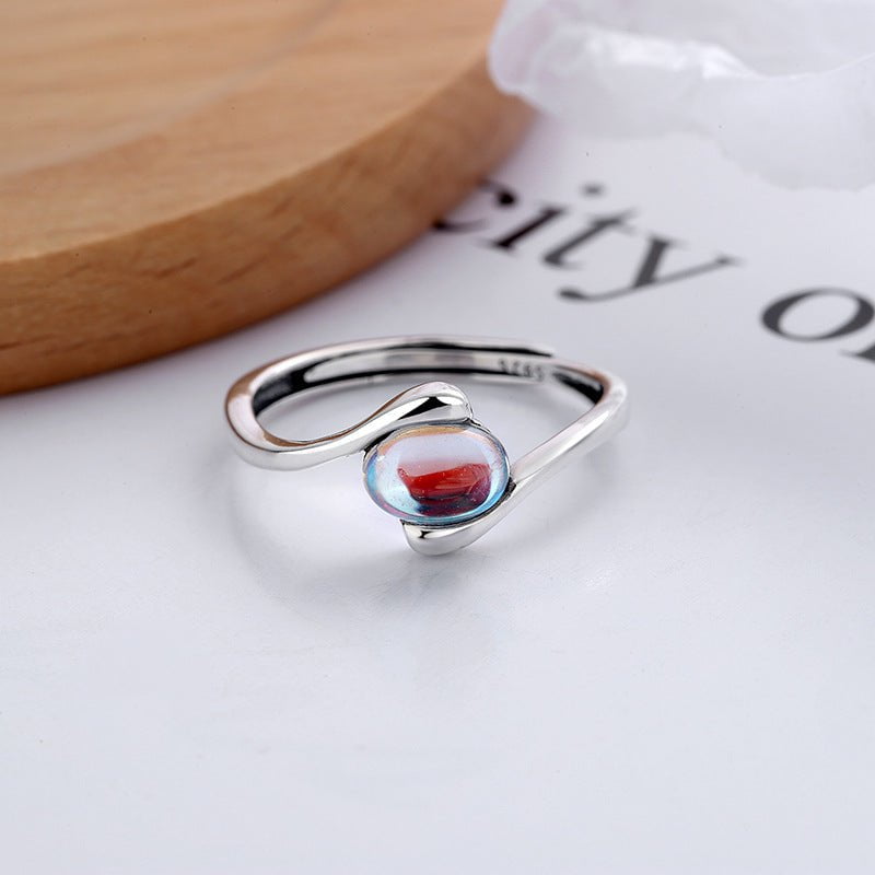 Wee Luxury Silver Rings S925 Sterling Silver Retro Design Adjustable Blue Moonstone Ladies Ring