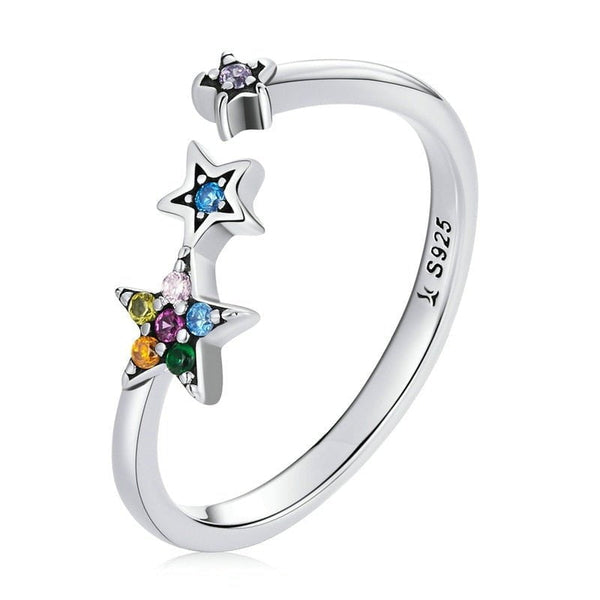 Wee Luxury Silver Rings Silver Authentic 925 Sterling Silver Rainbow Crystal Star Ring Women