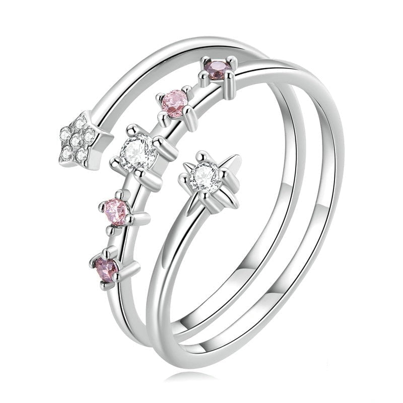 Wee Luxury Silver Rings Silver Multi-layer Star Ring Clear and Red Stone