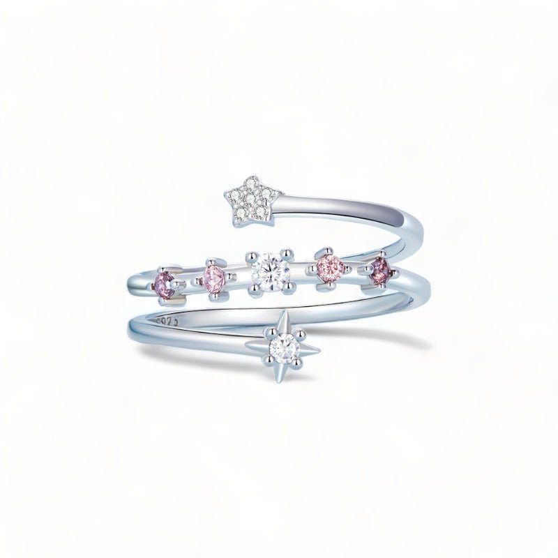 Wee Luxury Silver Rings Silver Multi-layer Star Ring Clear and Red Stone