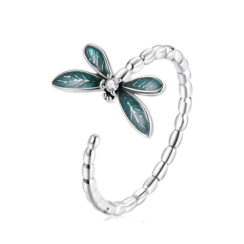 Wee Luxury Silver Rings Silver Trendy Green Dragonfly Ring 925 Sterling Silver