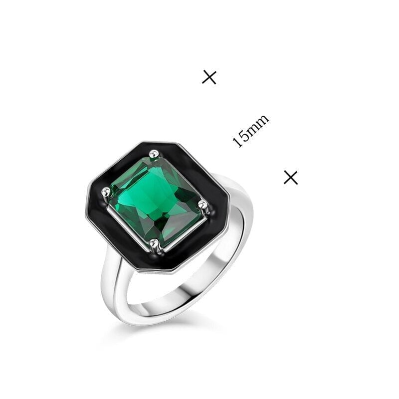 Wee Luxury Silver Rings Synthetic Green Crystal Black Square Ring