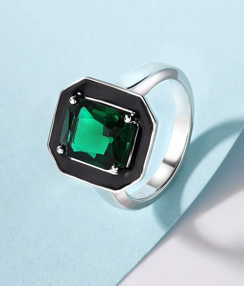 Wee Luxury Silver Rings Synthetic Green Crystal Black Square Ring