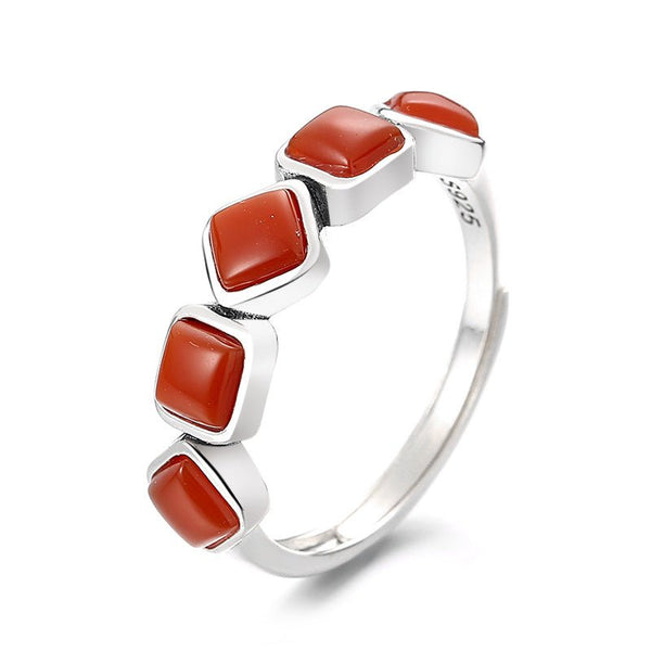 Wee Luxury Silver Rings Retro South Red Agate Silver Adjustable Opening Ring for Women