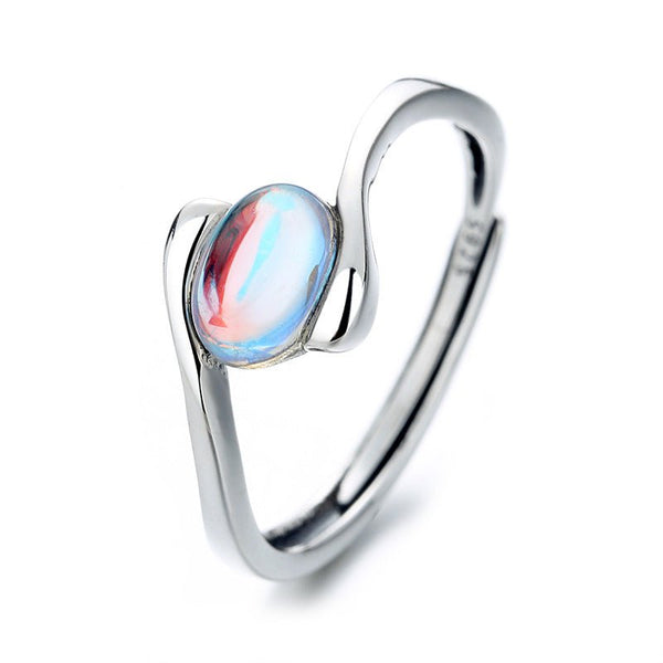 Wee Luxury Silver Rings S925 Sterling Silver Retro Design Adjustable Blue Moonstone Ladies Ring