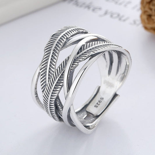 Wee Luxury Silver Rings Yfj813/about 7 grams / The opening is adjustable Retro Style Adjustable Opening Silver Feather Line Ring for Women