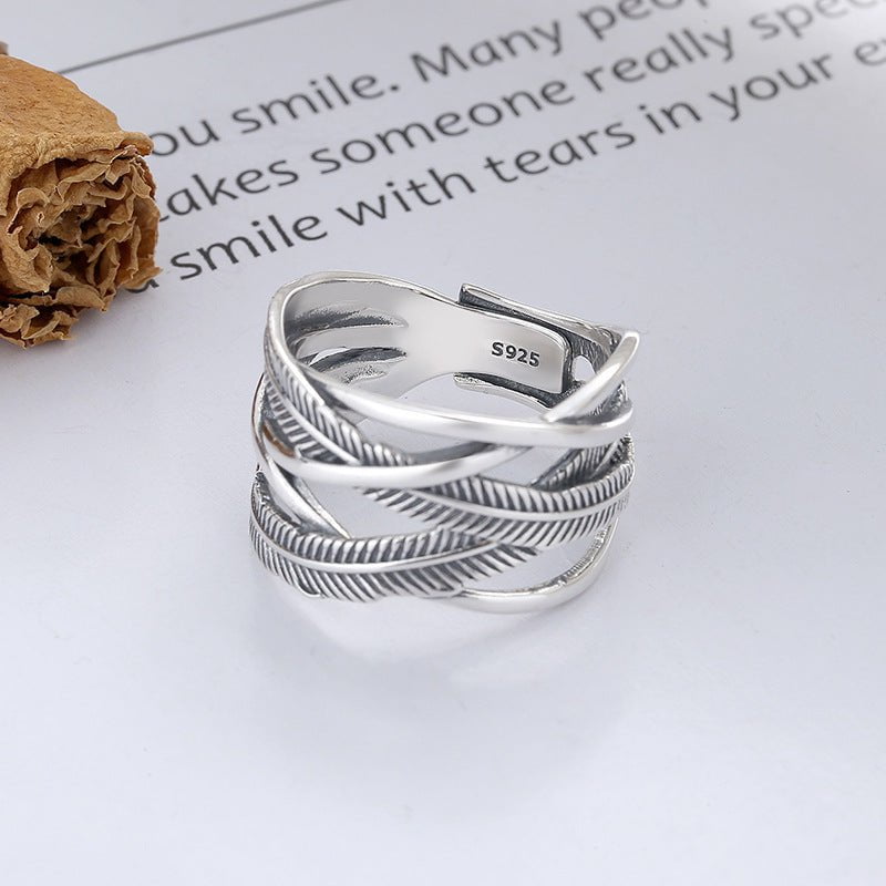 Wee Luxury Silver Rings Yfj813/about 7 grams / The opening is adjustable Retro Style Adjustable Opening Silver Feather Line Ring for Women