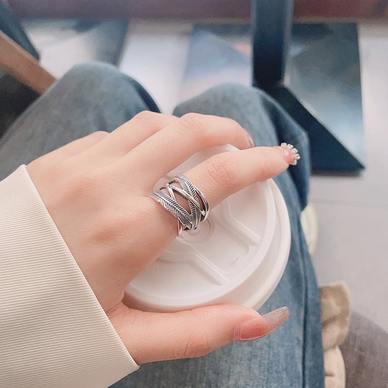 Wee Luxury Silver Rings Yfj813/about 7 grams / The opening is adjustable Retro Style Adjustable Opening Silver Feather Line Ring for Women