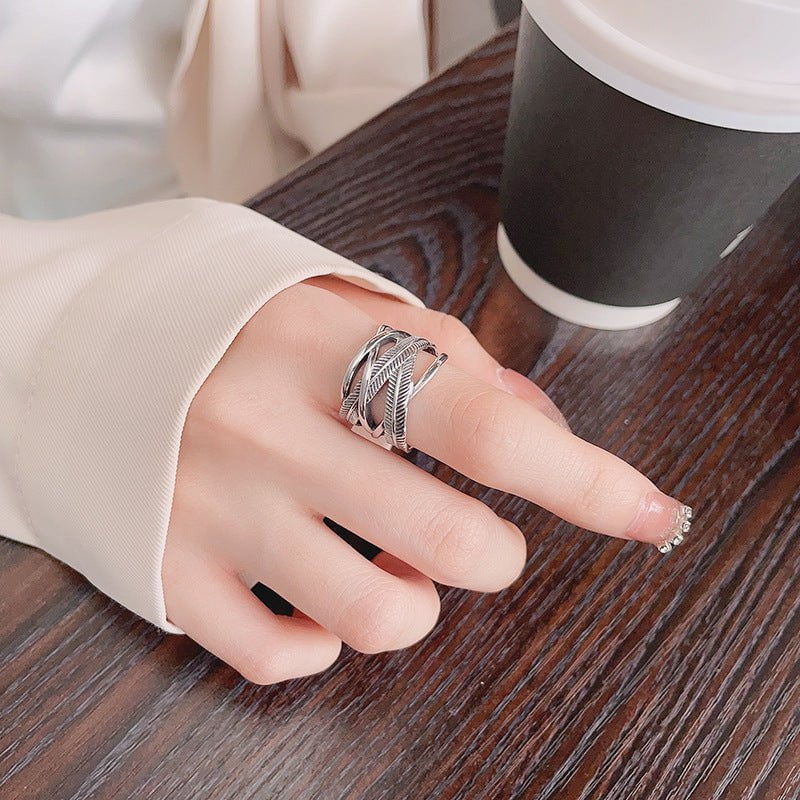 Wee Luxury Silver Rings Yfj813/about 7 grams / The opening is adjustable Retro Style Adjustable Opening Silver Feather Line Ring for Women