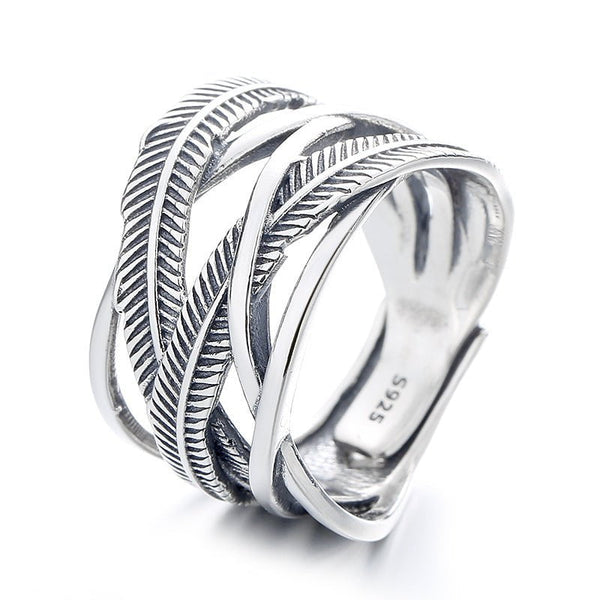 Wee Luxury Silver Rings Yfj813/about 7 grams / The opening is adjustable Retro Style Adjustable Opening Silver Feather Line Ring for Women