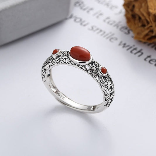 Wee Luxury Silver Rings Yfj931/about 2.6 grams / The opening is adjustable Retro Artisanal South Red Agate Silver Open Ring