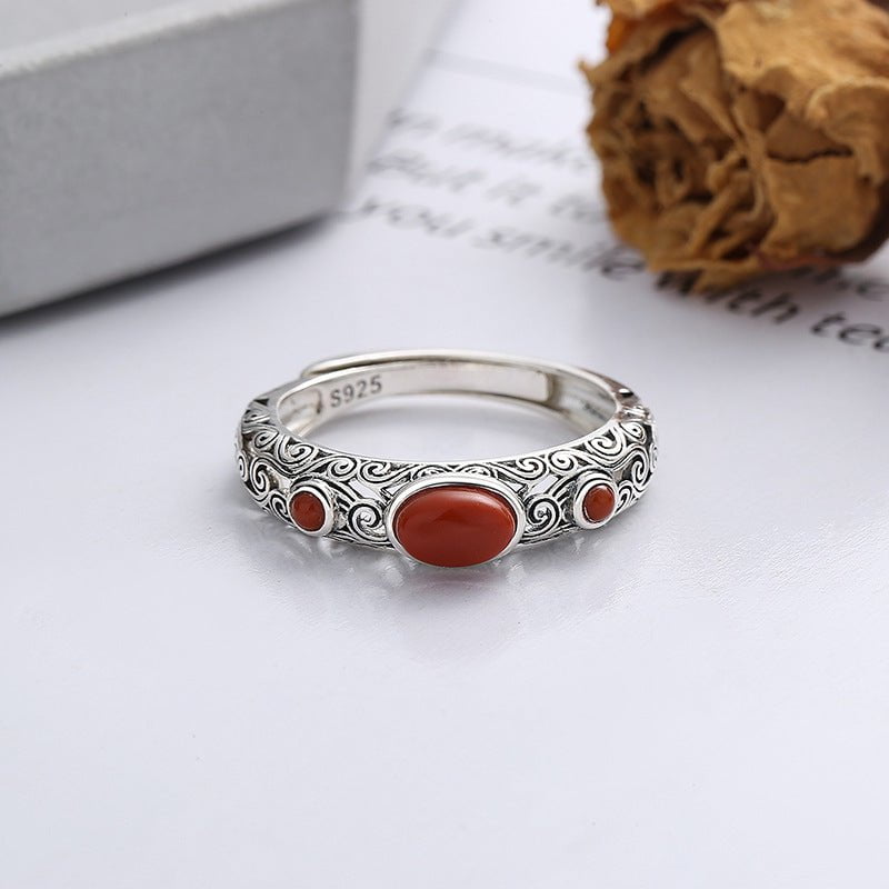 Wee Luxury Silver Rings Yfj931/about 2.6 grams / The opening is adjustable Retro Artisanal South Red Agate Silver Open Ring
