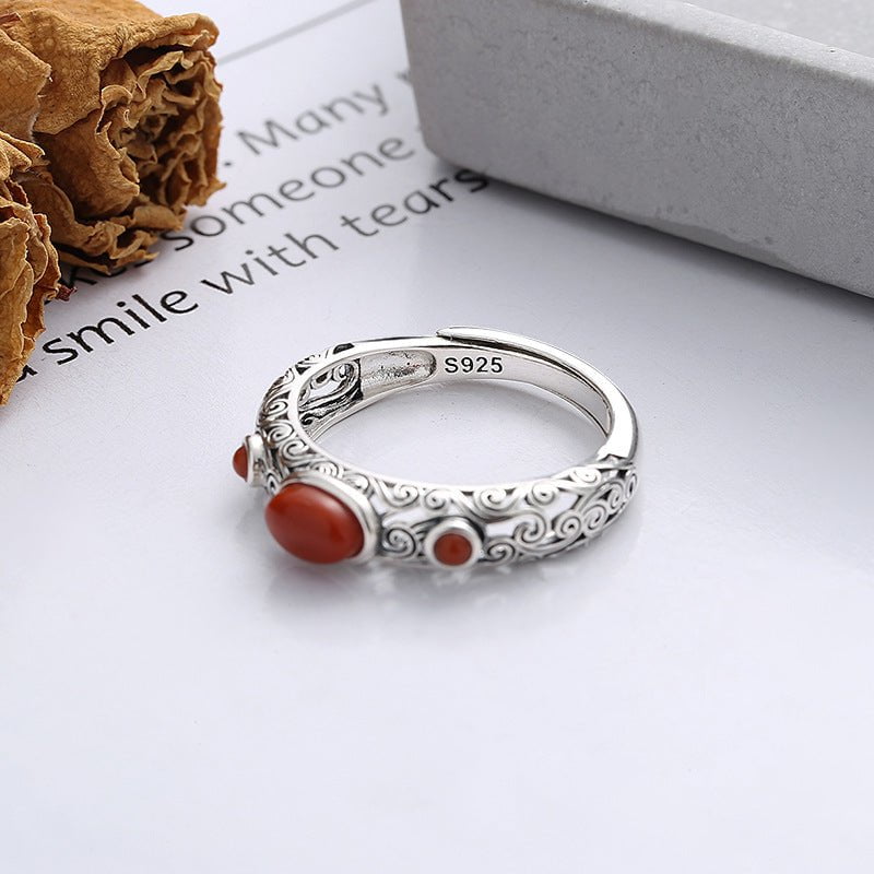 Wee Luxury Silver Rings Yfj931/about 2.6 grams / The opening is adjustable Retro Artisanal South Red Agate Silver Open Ring