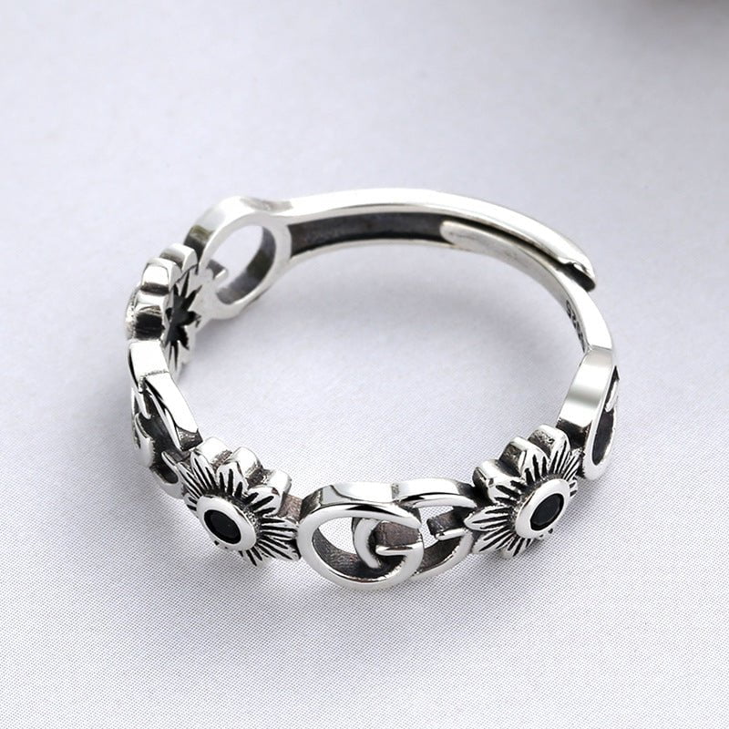 Wee Luxury Silver Rings Yj065/b black stone is about 2.2 grams / The live mouth is adjustable Vintage Blossom Adjustable Sterling Silver Ring for Women