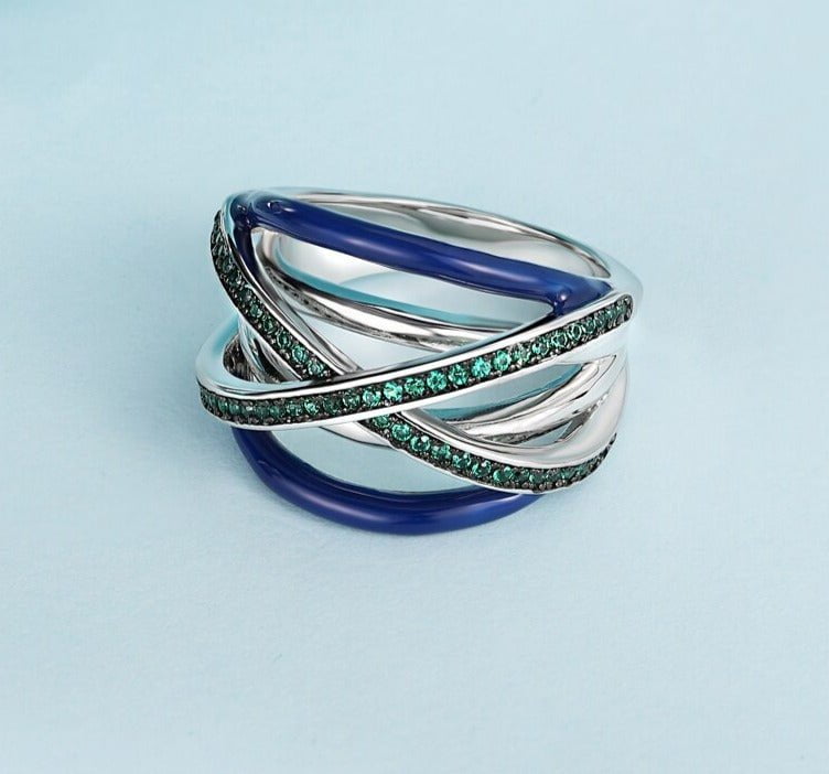 Wee Luxury Silver Rings Zircon Cross Multi-Line Colour Enamel Ring