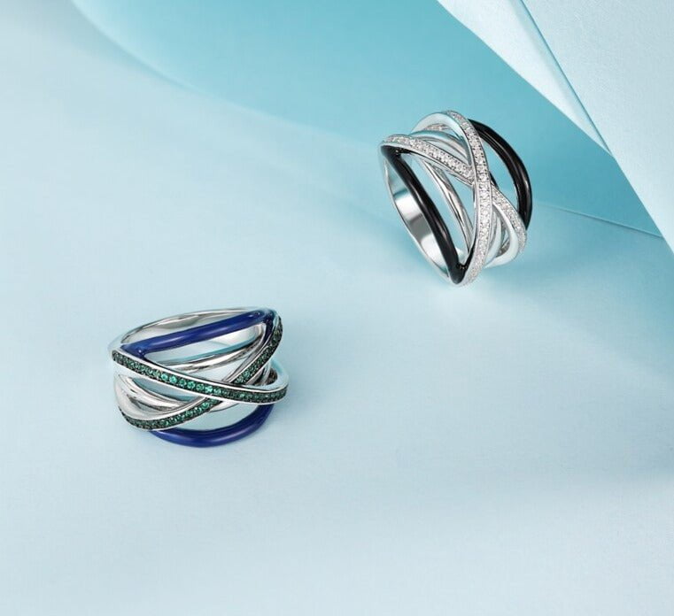 Wee Luxury Silver Rings Zircon Cross Multi-Line Colour Enamel Ring