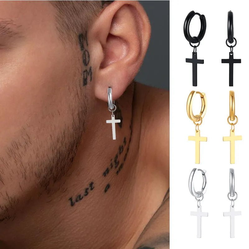 Wee Luxury Stainless Steel Earring with Cross Charm For Guys Men's Jewelry
