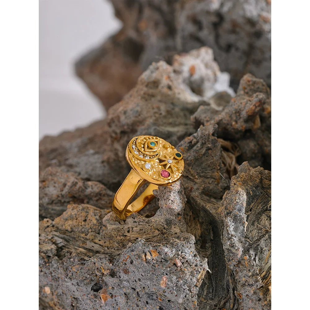 Wee Luxury Star Moon Eye Vintage Ring Colorful CZ Zirconia