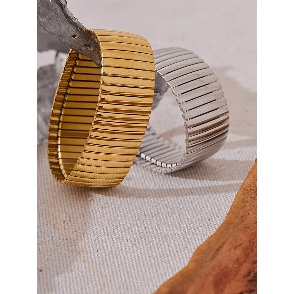 Wee Luxury Women Bracelets Elastic Metal Big Wide Bracelet Bangle Rust Proof 18K Gold Plated