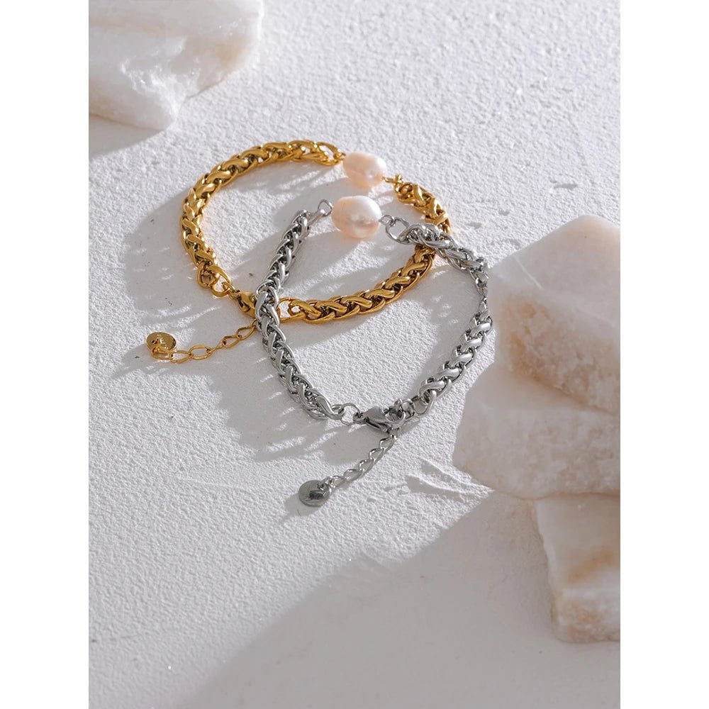 Wee Luxury Women Bracelets Gold 316l Stainless Steel Natural Pearl Cuban Chain Bracelet Bangle for Women