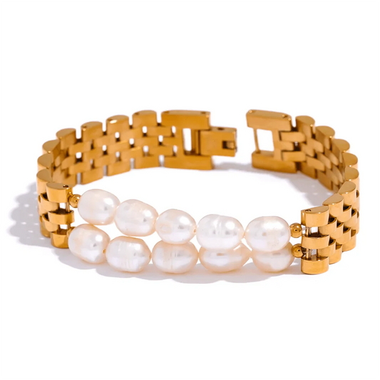 Wee Luxury Women Bracelets Gold Plated Luxury Natural Pearls Cuban Chain 316L Stainless Steel Bracelet Bangle