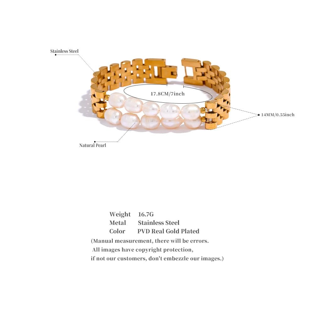 Wee Luxury Women Bracelets Gold Plated Luxury Natural Pearls Cuban Chain 316L Stainless Steel Bracelet Bangle