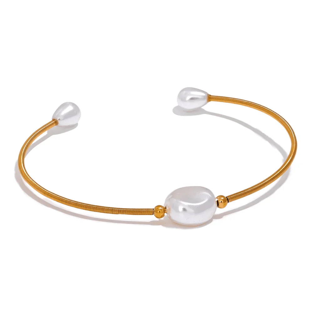 Wee Luxury Women Bracelets Gold Plated Trendy Chic Imitation Pearls Thin Cuff Open Bracelet Bangle