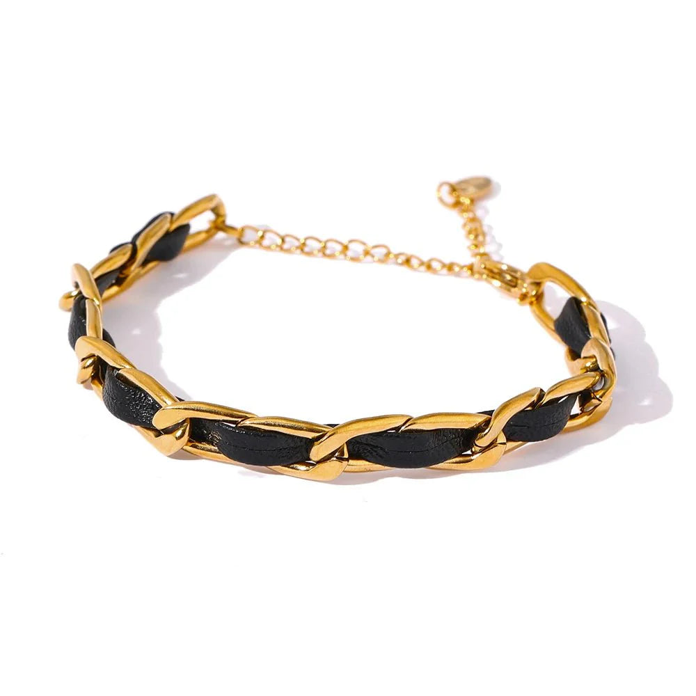 Wee Luxury Women Bracelets Gold Plated Trendy Leather Metal Chain Bracelet Jewelry Stainless Steel for Women