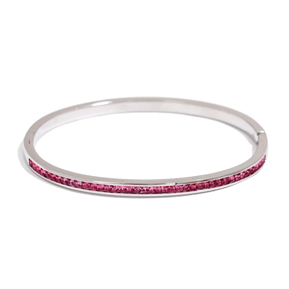 Wee Luxury Women Bracelets Pink Two Shape Round Square Cubic Zirconia Stainless Steel Bangle