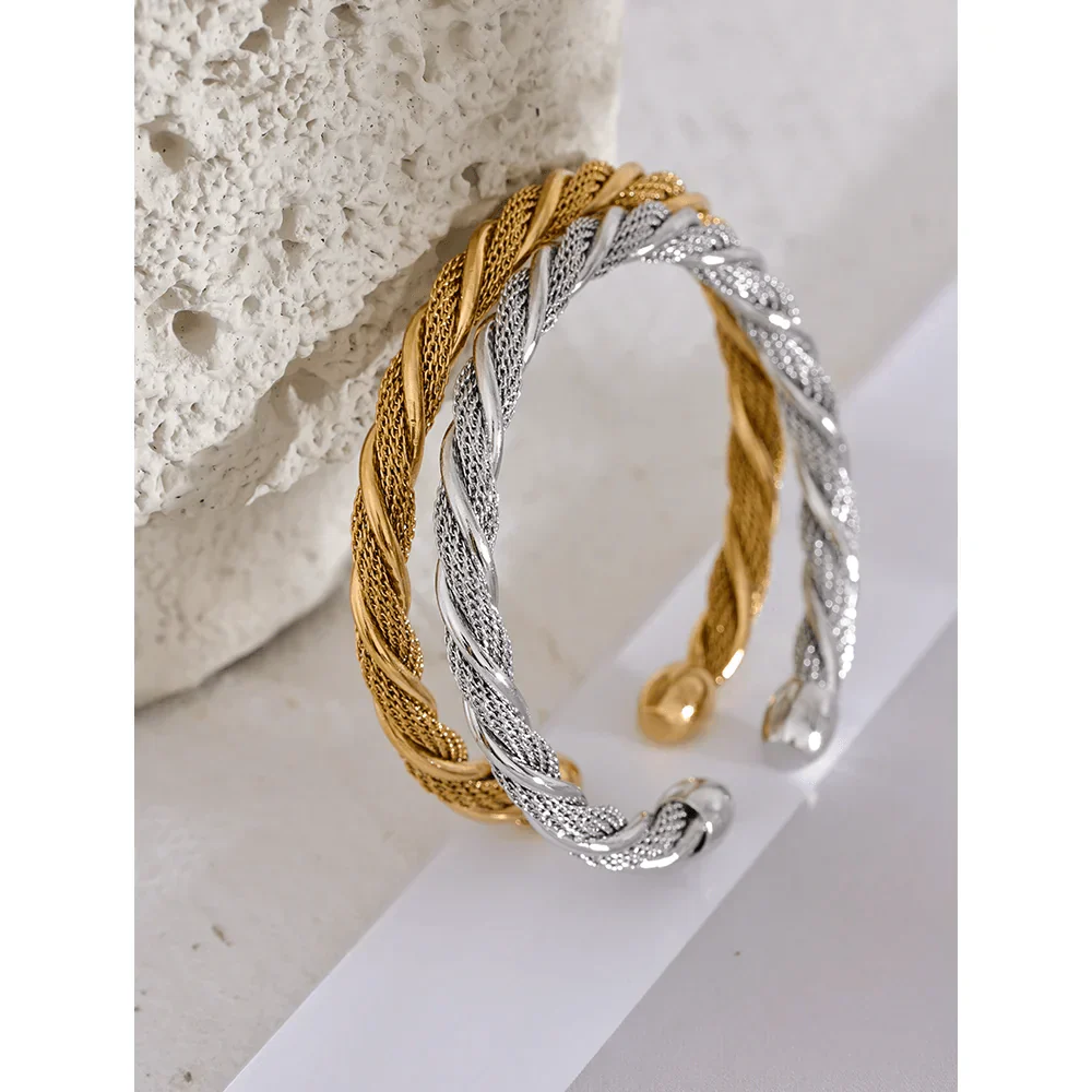 Wee Luxury Women Bracelets Gold Plated Stainless Steel Twisted Round Open Gold Cuff Bracelet Women Bangle