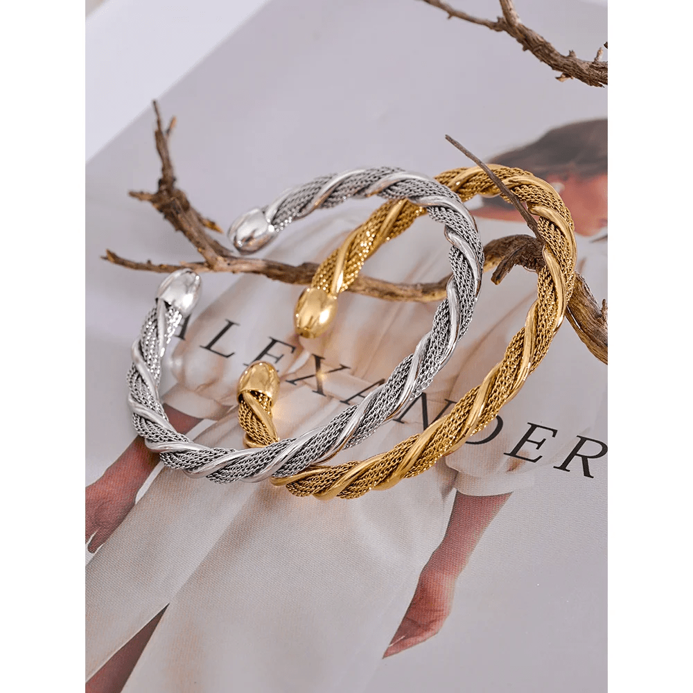 Wee Luxury Women Bracelets Gold Plated Stainless Steel Twisted Round Open Gold Cuff Bracelet Women Bangle