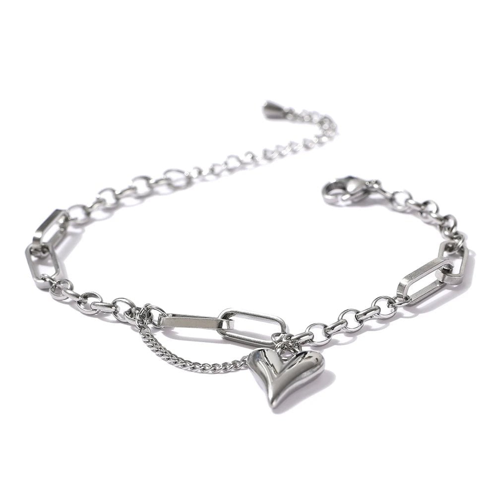 Wee Luxury Women Bracelets Steel Trendy Heart Double Layered Bracelet Stainless Steel Metal Jewelry