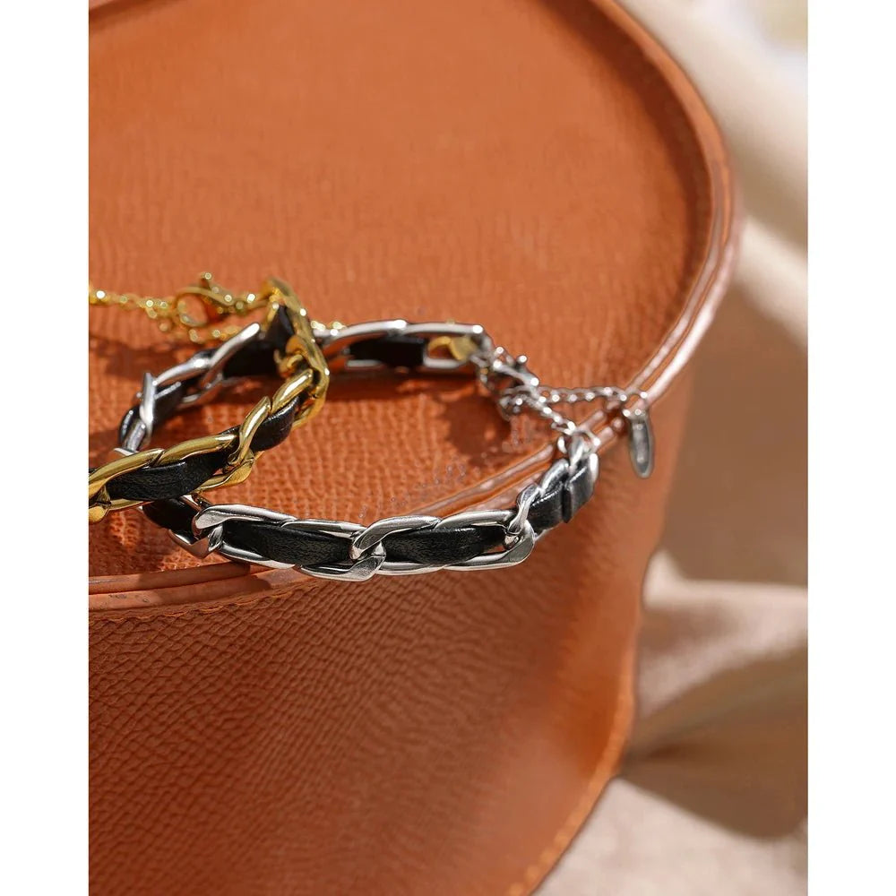 Wee Luxury Women Bracelets Trendy Leather Metal Chain Bracelet Jewelry Stainless Steel for Women