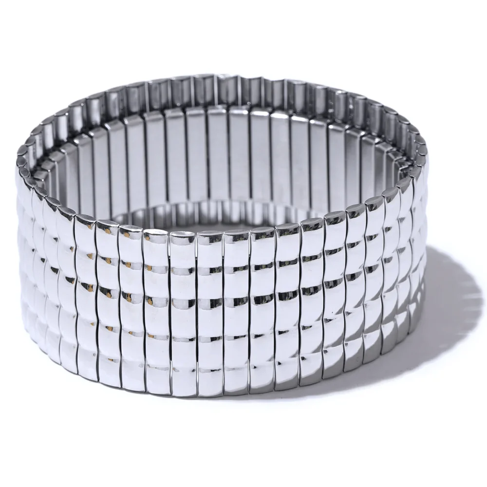 Wee Luxury Women Bracelets YH2957A Platinum 30mm Trendy Stainless Steel Elastic Metal Wide Large Bangle Bracelets