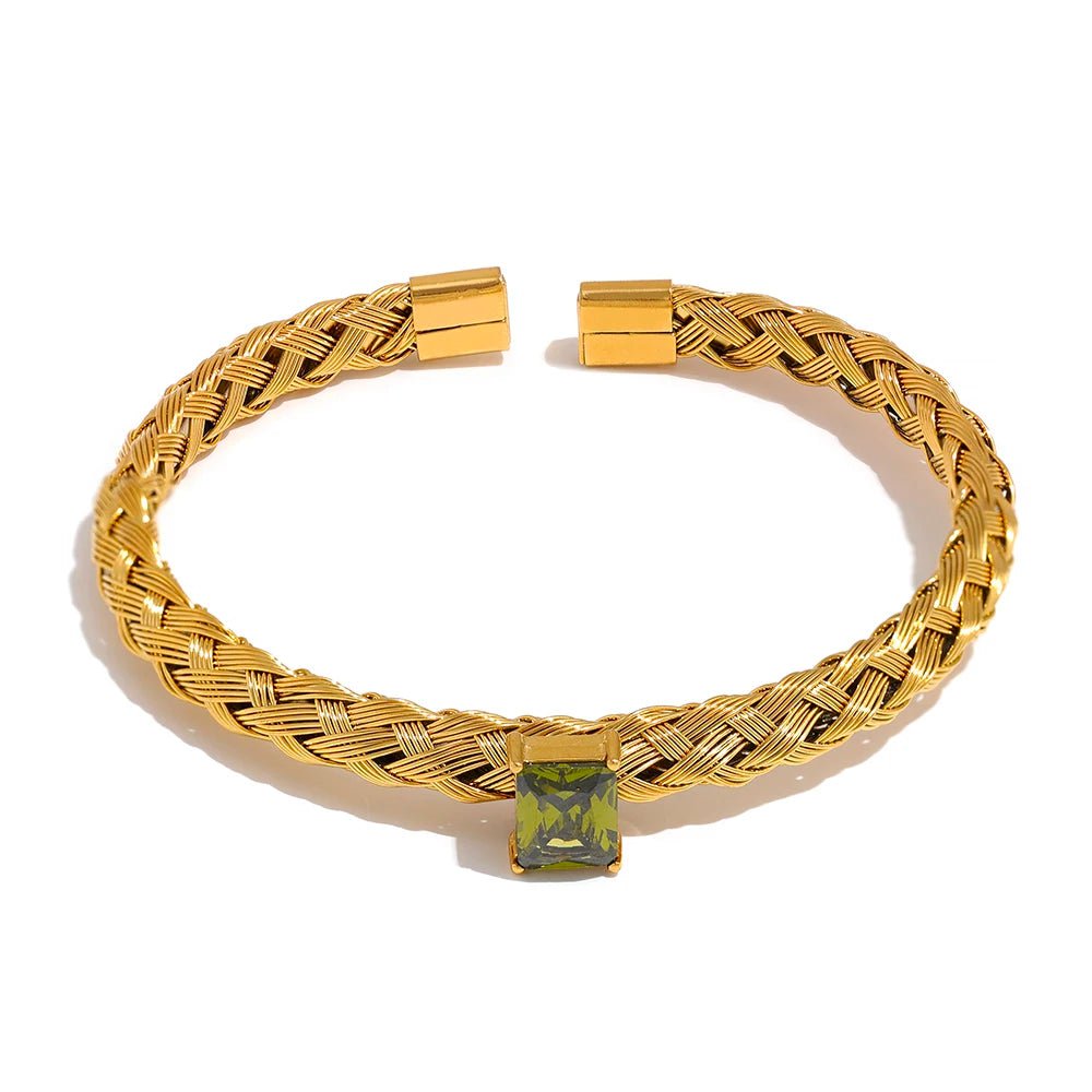 Wee Luxury Women Bracelets YH505A Green Mesh Weave Open Bangle Bracelet Cubic Zirconia Bling Charm