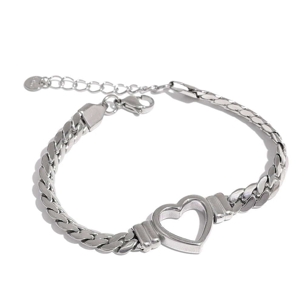 Wee Luxury Women Bracelets YH577A Platinum Love Heart Cuban Chain Stainless Steel Metal Bracelet