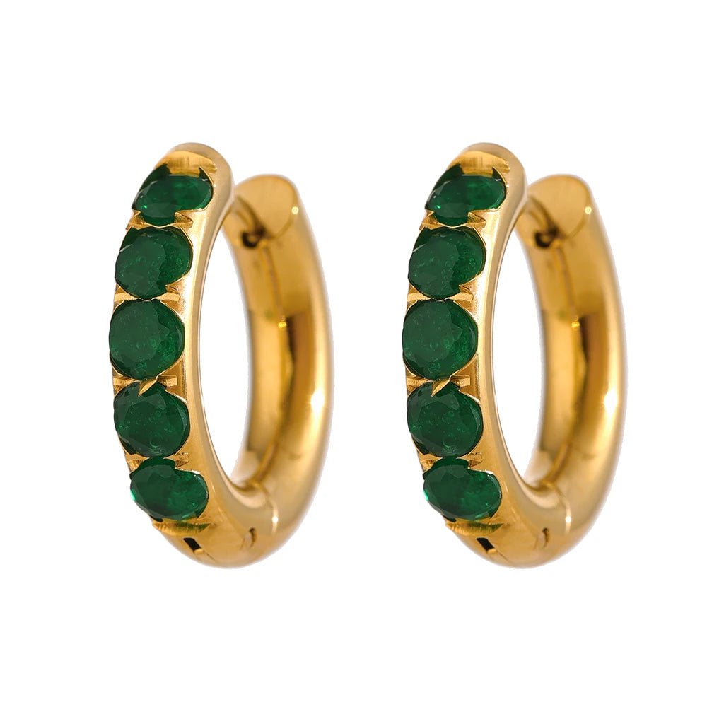 Wee Luxury Women Earrings 1454 Green Gold Golden Stainless Steel Crystal Huggie Earrings For Women