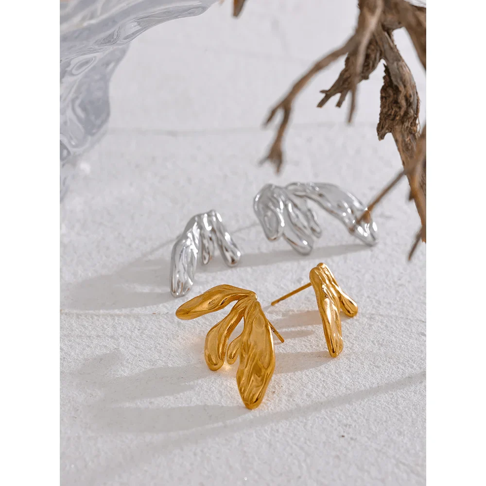 Wee Luxury Women Earrings Chic Asymmetrical AB Flower Leaf Stainless Steel Stud Earrings