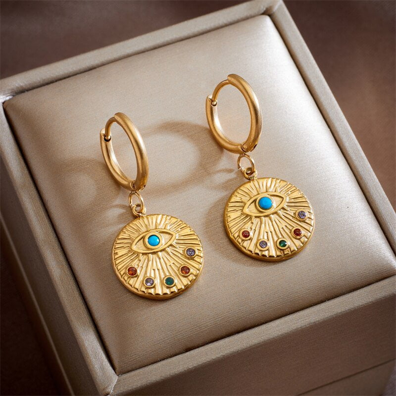 Women Vintage Zircon Hoop Evil Eye Earrings