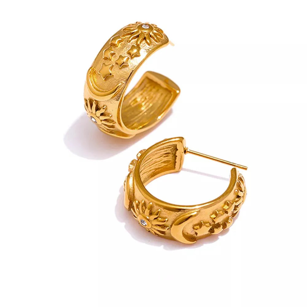 Wee Luxury Women Earrings Gold Plated Celestial Geometric Huggie Earrings with Moon, Star, and Sun Design