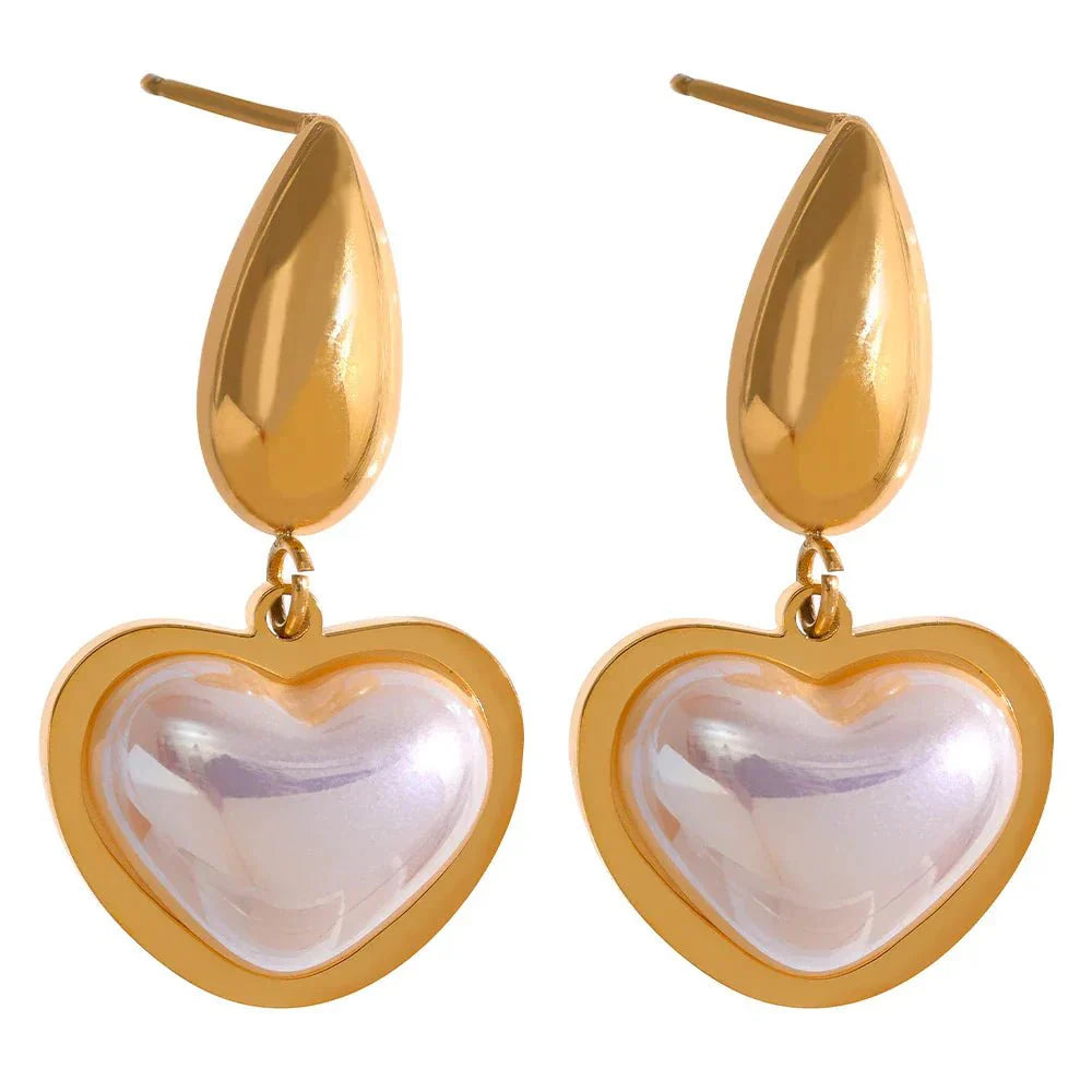 Wee Luxury Women Earrings Gold Plated Chic Golden Heart Shaped Drop Earrings with Imitation Pearls