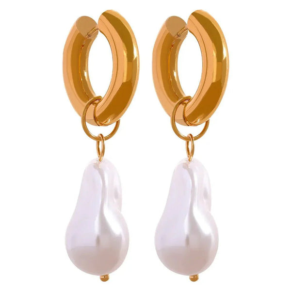 Wee Luxury Women Earrings Gold Plated Circle Drop Baroque Imitation Pearls Hoop Earrings