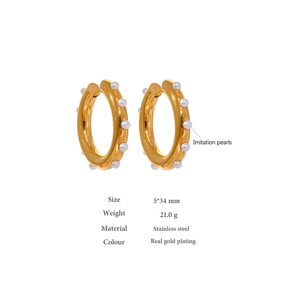 Wee Luxury Women Earrings Gold Plated Trendy Geometric Simulated Pearl Huggie Earrings in Stainless Steel