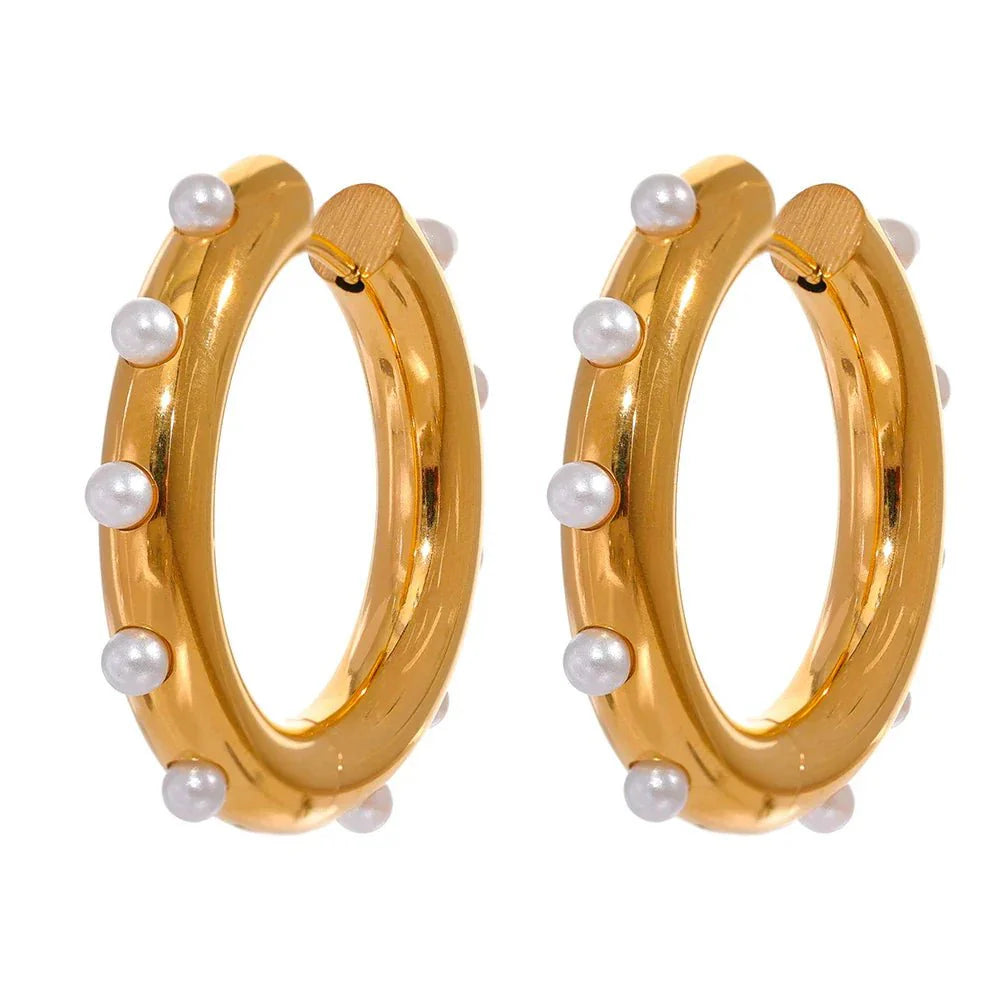 Wee Luxury Women Earrings Gold Plated Trendy Geometric Simulated Pearl Huggie Earrings in Stainless Steel