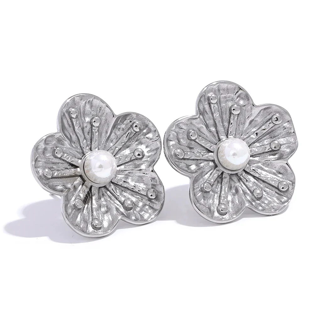 Wee Luxury Women Earrings Steel Chic Floral Stainless Steel Flower Earrings with Imitation Pearls