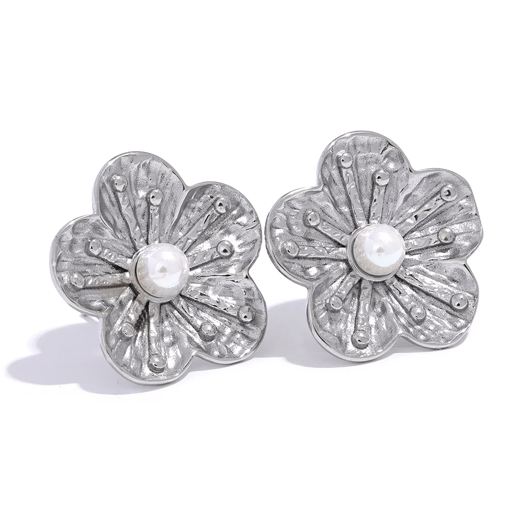 Wee Luxury Women Earrings Steel Chic Floral Stainless Steel Flower Earrings with Imitation Pearls