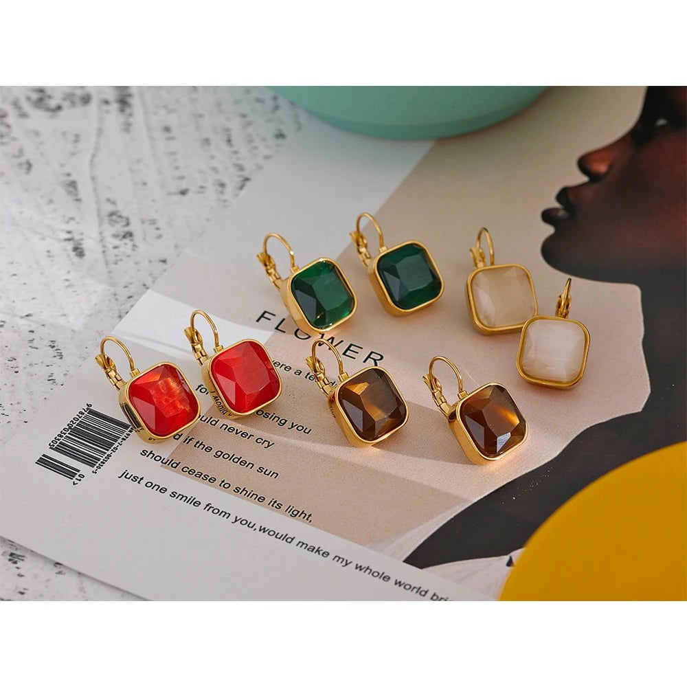 Wee Luxury Women Earrings Vintage Charm Square Opal Stone French Hook Earrings