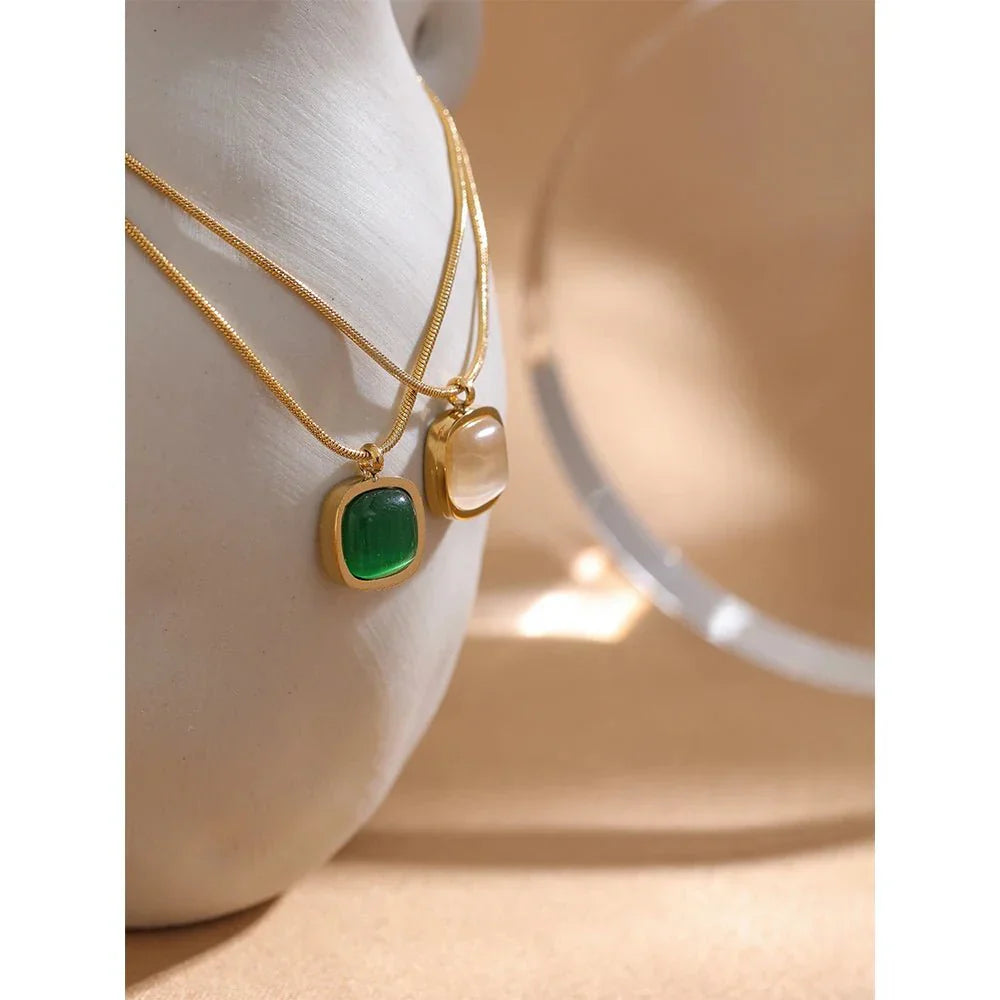 Wee Luxury Women Necklaces Geometric Square Green Opal Drop Dangle Stone Necklace for Women