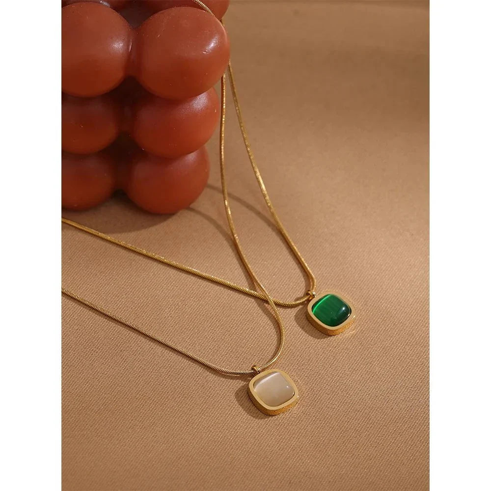 Wee Luxury Women Necklaces Geometric Square Green Opal Drop Dangle Stone Necklace for Women